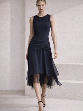 Morgane Le Fay Navy Silk Asymmetrical Dress | Layered Tulle Hem | Designer